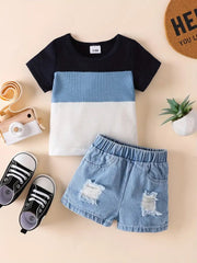 Waffle Top and Denim Shorts Set - The Little Mate
